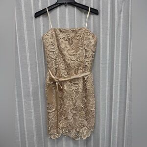 Adrianna‎ Papell Strapless Embroidered Lace Cocktail Dress Gold Beige Size 6 EUC